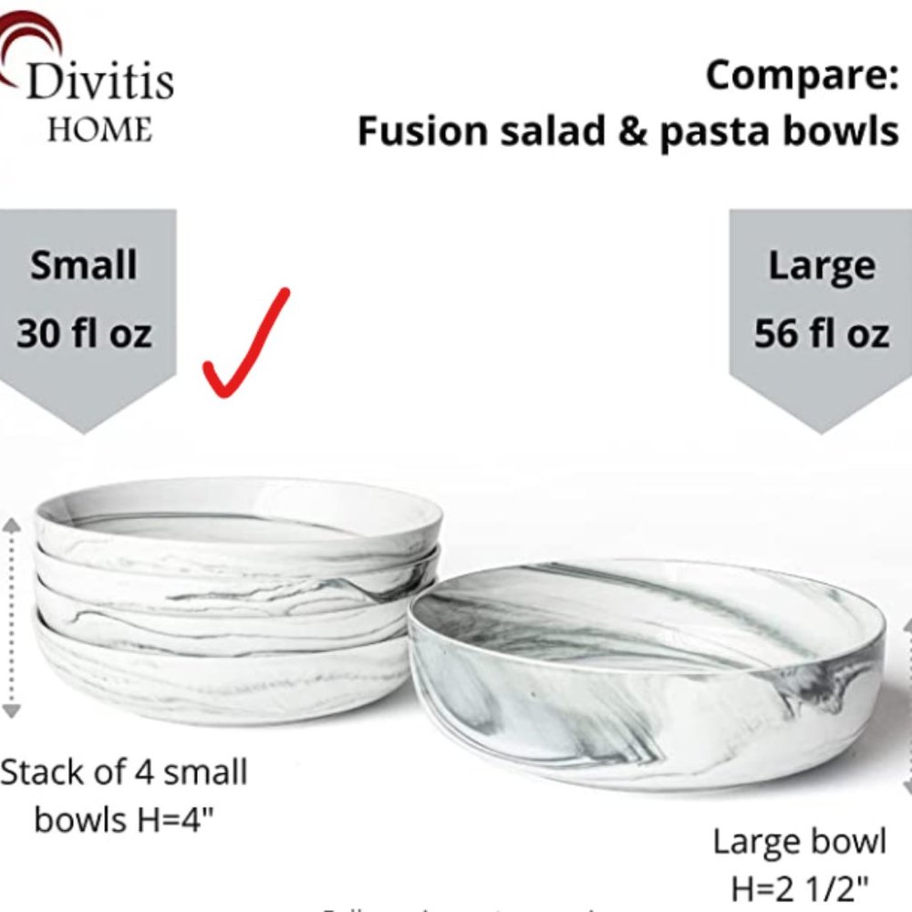 7.75"  PORCELAIN PASTA - SALAD BOWLS - 30 oz - SET OF 4  (Black/White) - Picture 4 of 6